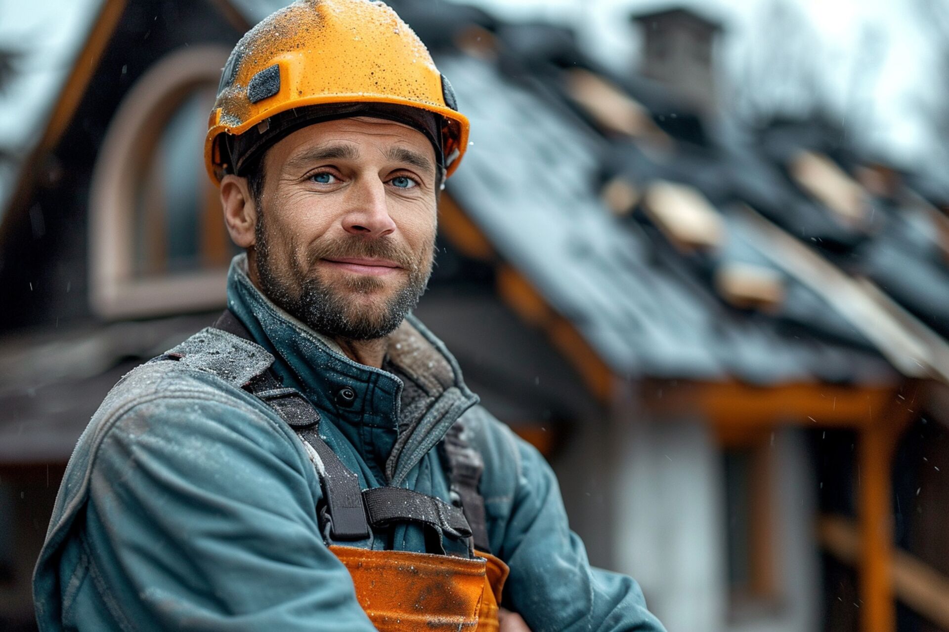 Stellenangebote & Ausbildung für Dachdecker im Raum Bautzen - Dachdecker mit Helm steht vor einem Haus und lächelt
