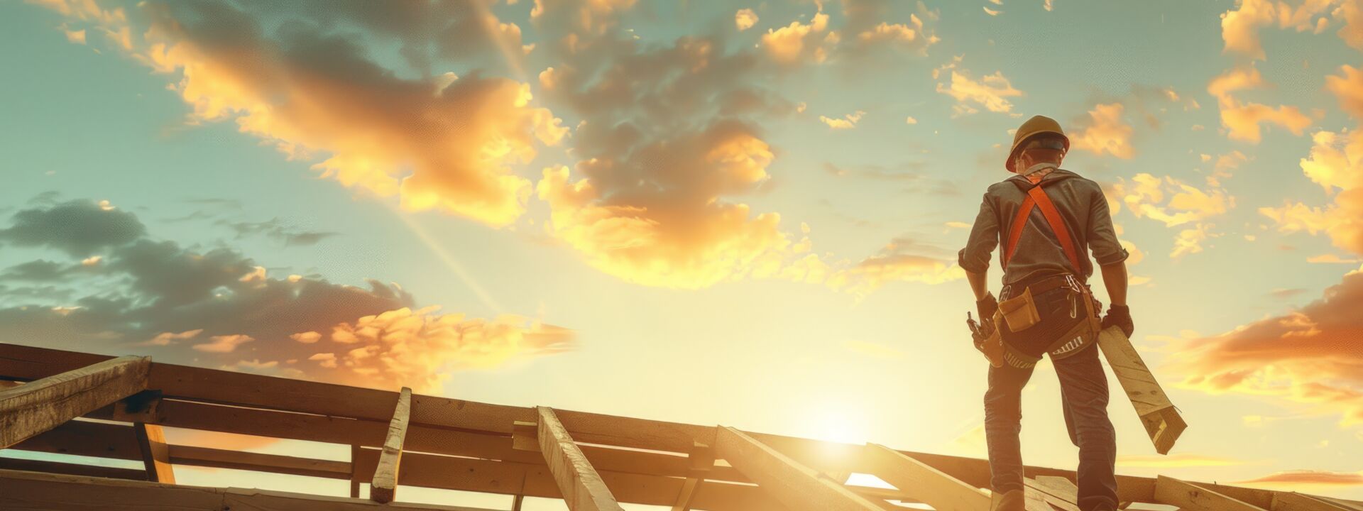 Jobs für Dachdecker & Lehrstellen im Handwerk bei Bautzen - Dachdecker steht bei Sonnenaufgang auf dem Dach